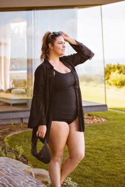 Genevieve Raglan High Neck Swimsuit Aztec Black -Fashion underwear GenevieveRaglandScoopNeckSwimsuitAztecBlack